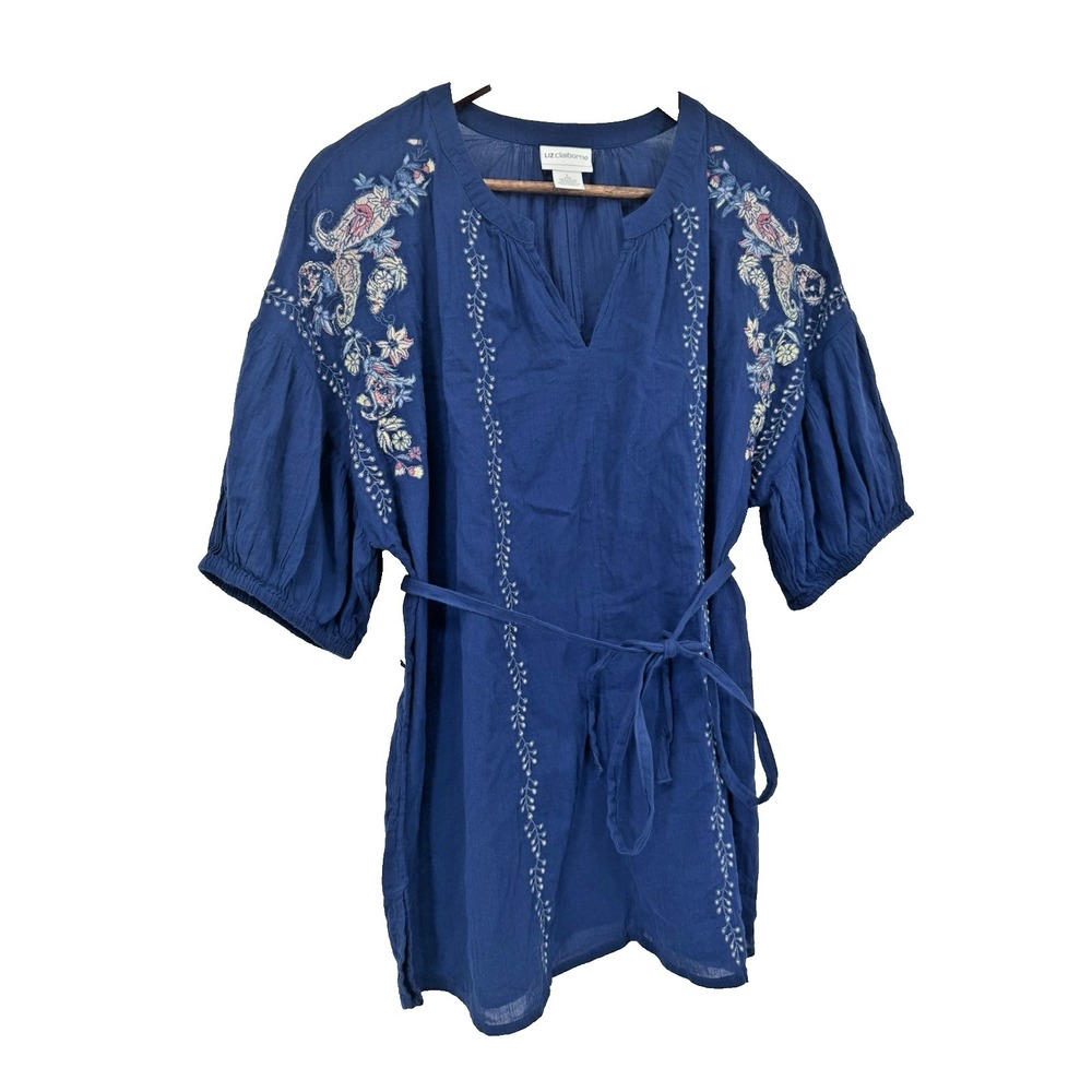 Liz Claiborne Navy Pullover V-neck Peasant Embroidered Blouse tie waist cottage